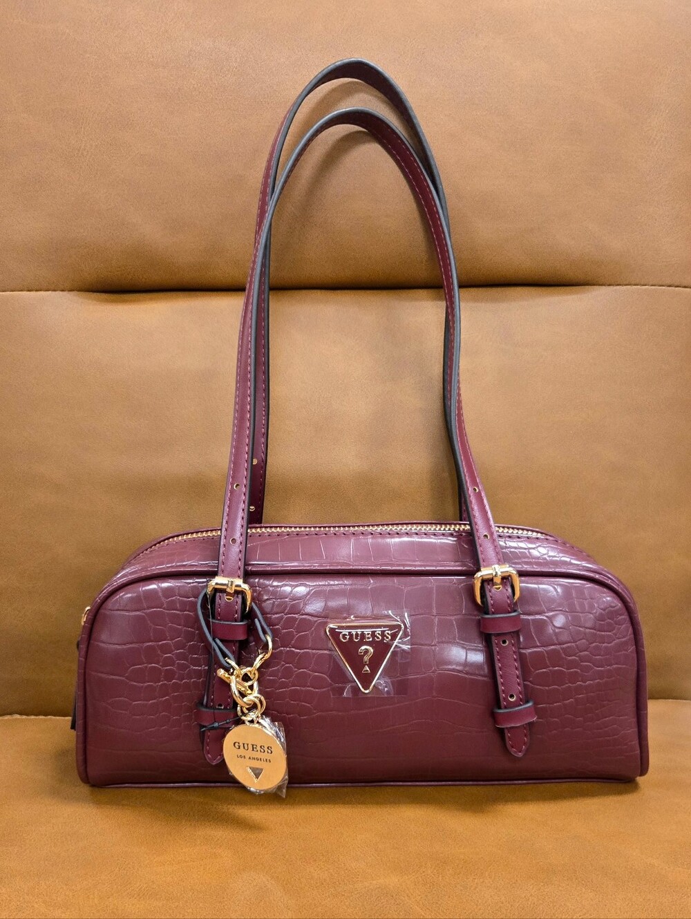 GUESS Burgundy Croc-Embossed Shoulder Handbag